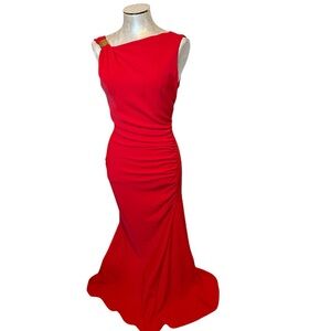 Zara Women’s Red One Shoulder Ruched Maxi Dress Gold Hardware Evening Gown XS